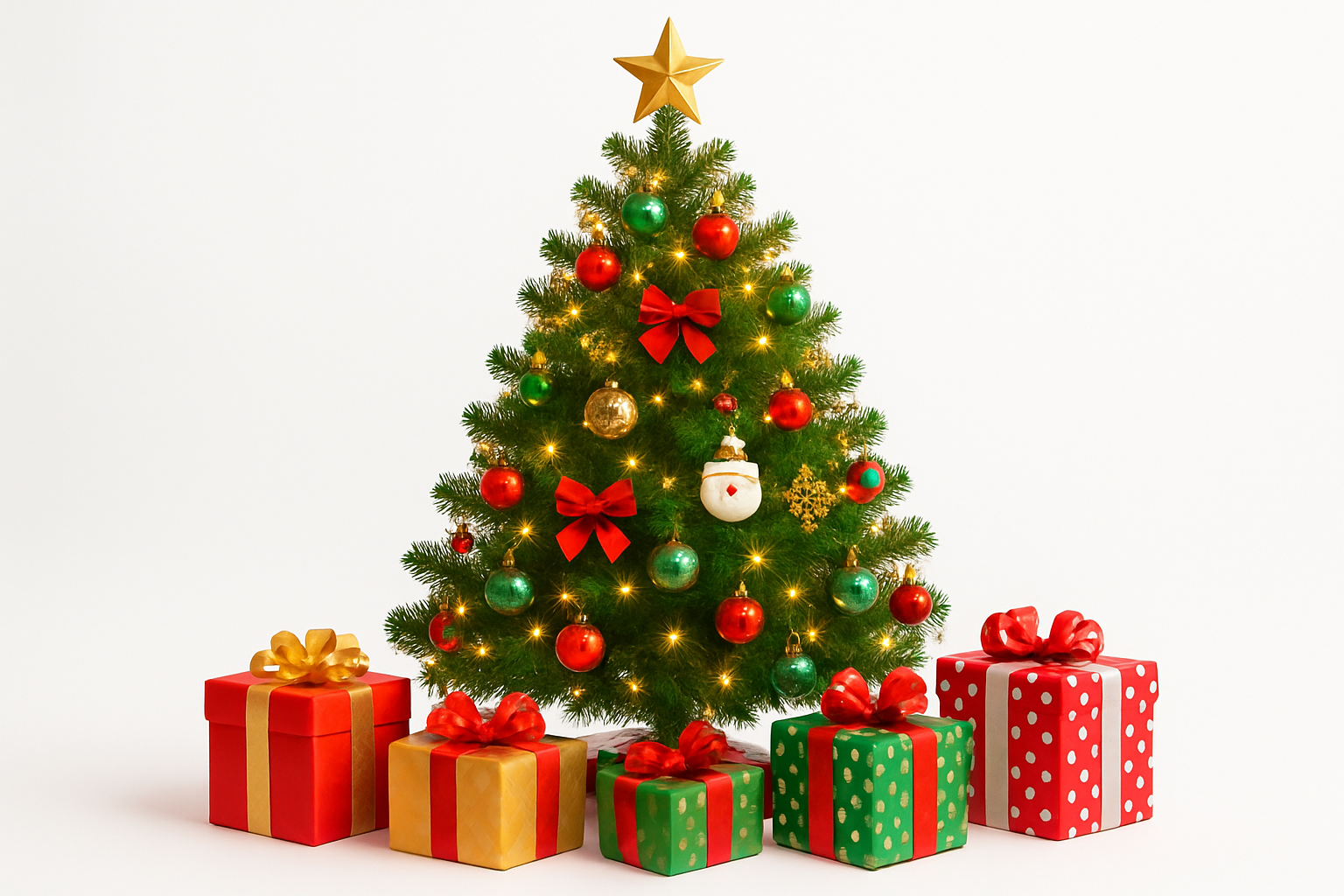 albero di natale con regali sotto con sfondo bianco